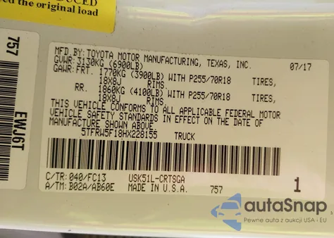 2017 Toyota Tundra Sr5 5.7L V8 z USA, uszkodzony, nr VIN 5TFRW5F18HX228155